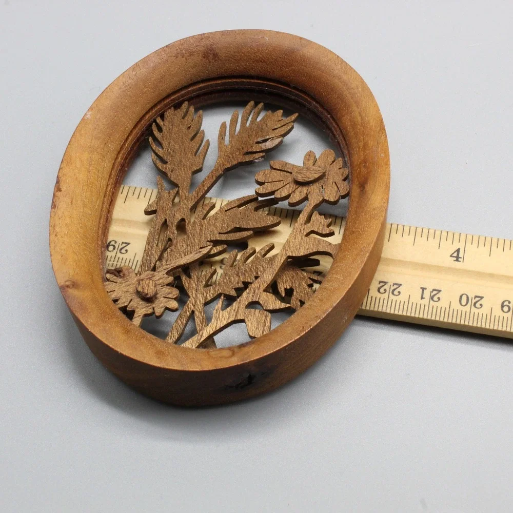 Wooden Floral Wall Plaque Oval Carved Cutout Brown Rustic Folk Art 4in